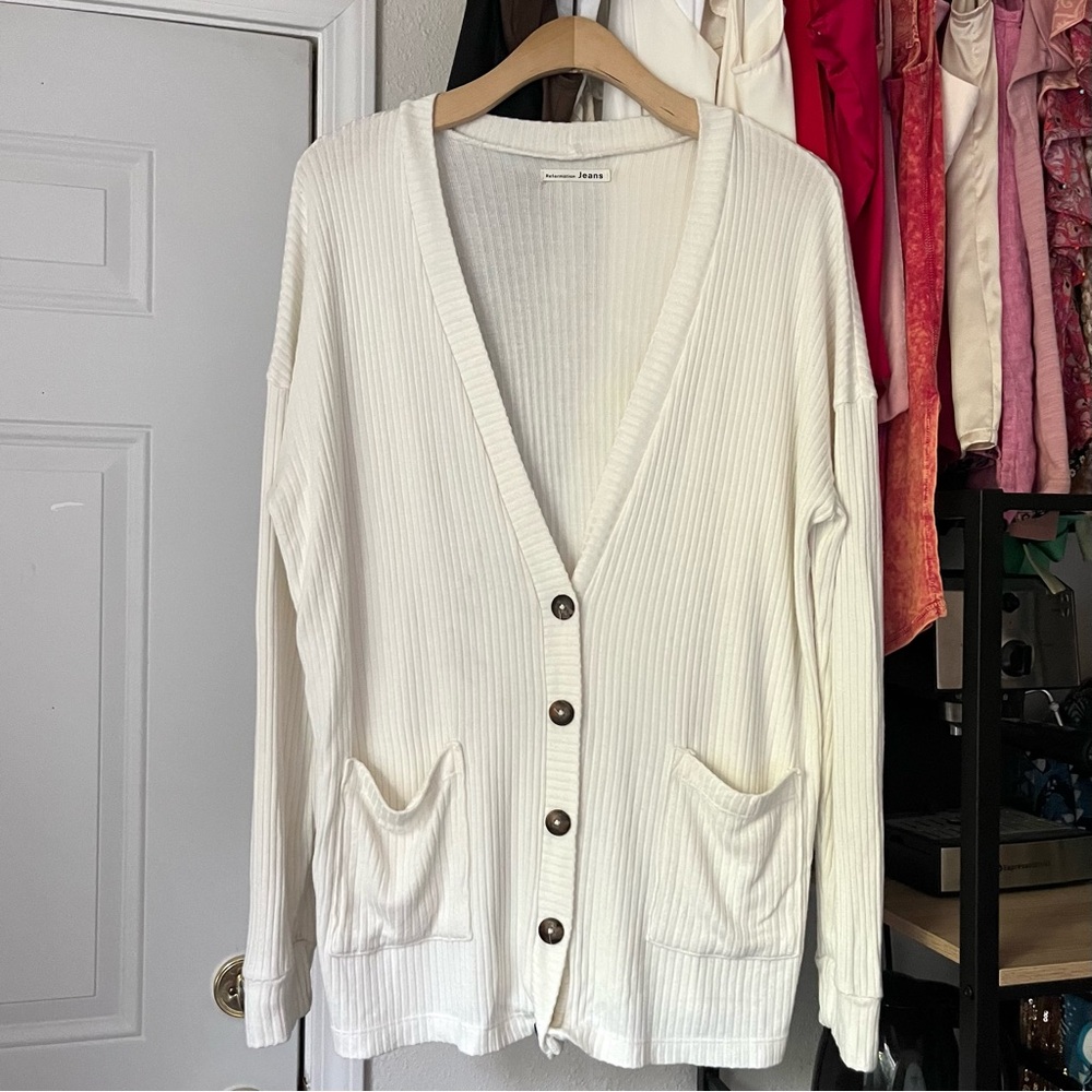 REFORMATION white rib knit tencel modal spandex long line button up cardigan